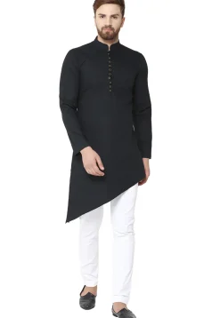 Solid Color Cotton Asymmetric Kurta in Black