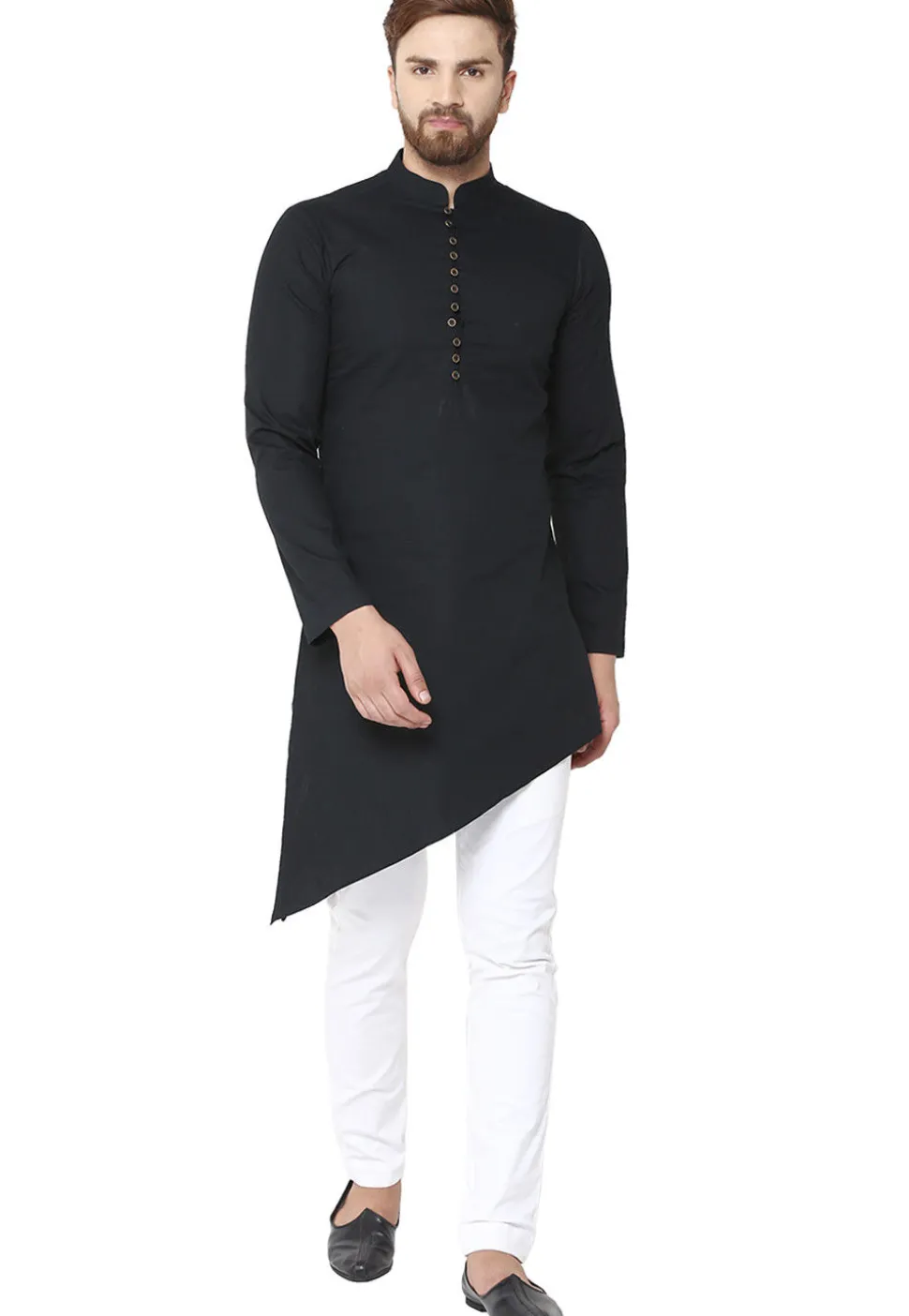 Solid Color Cotton Asymmetric Kurta in Black
