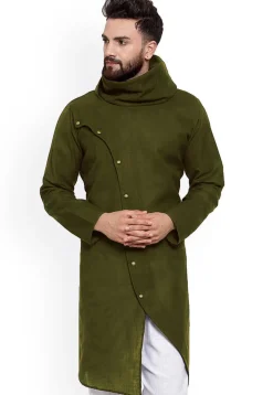 Solid Color Cotton Asymmetric Kurta in Dark Olive Green