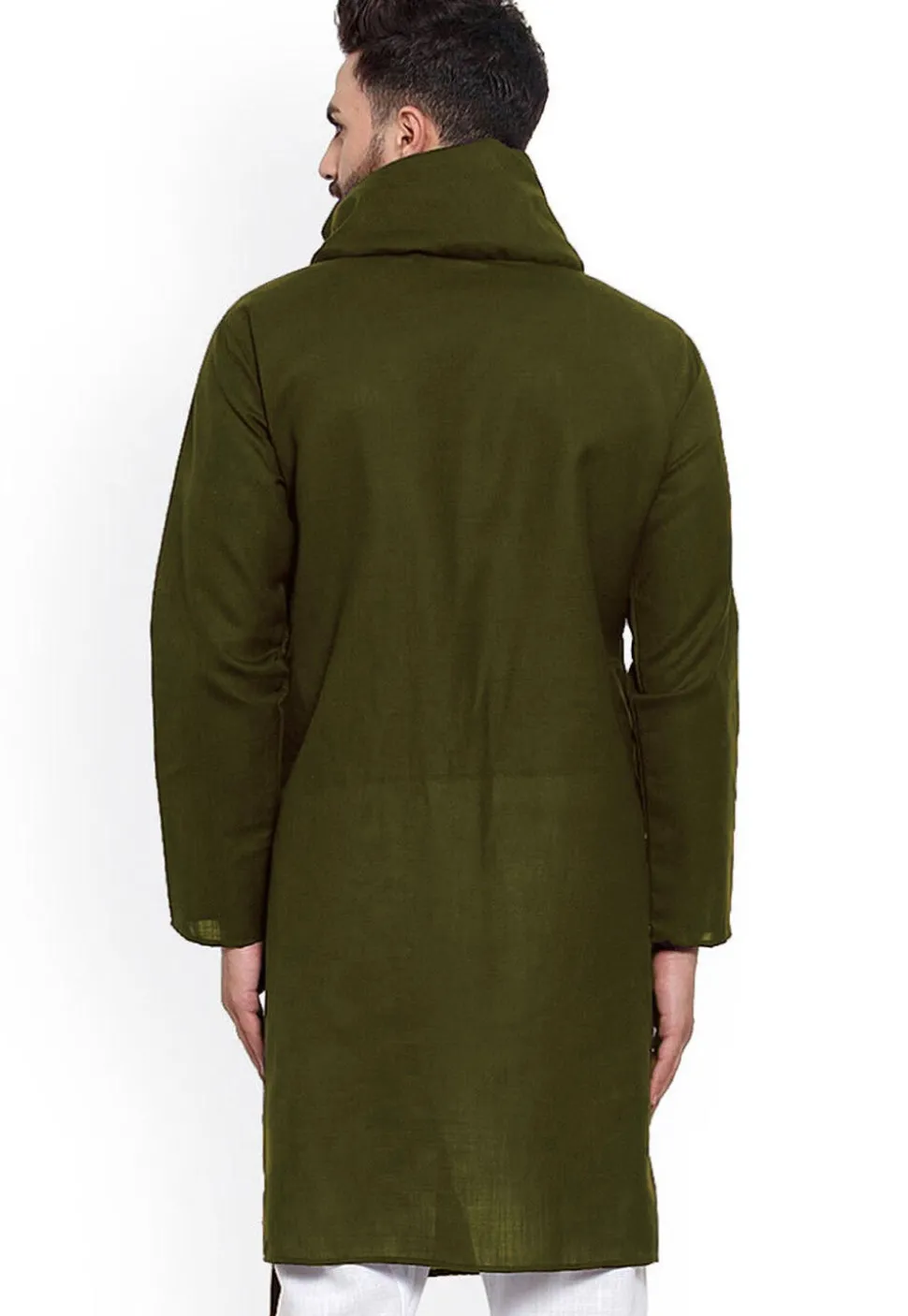 Solid Color Cotton Asymmetric Kurta in Dark Olive Green