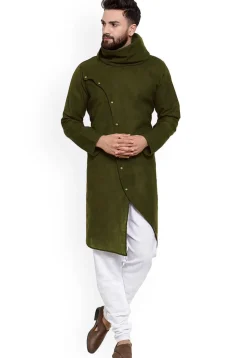 Solid Color Cotton Asymmetric Kurta in Dark Olive Green