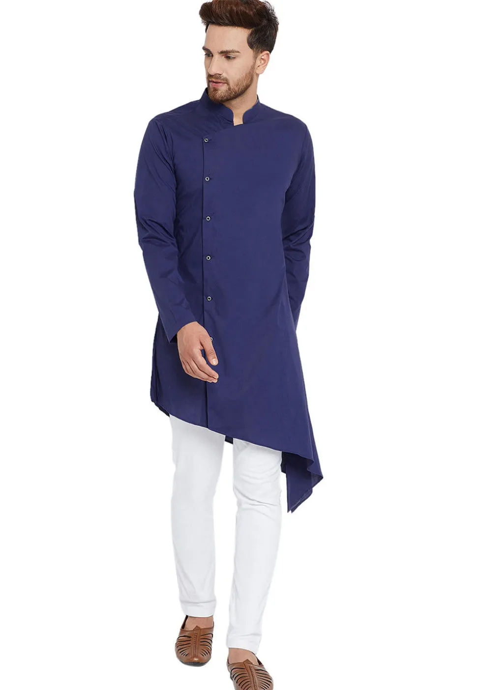 Solid Color Cotton Asymmetric Kurta Set in Dark Blue