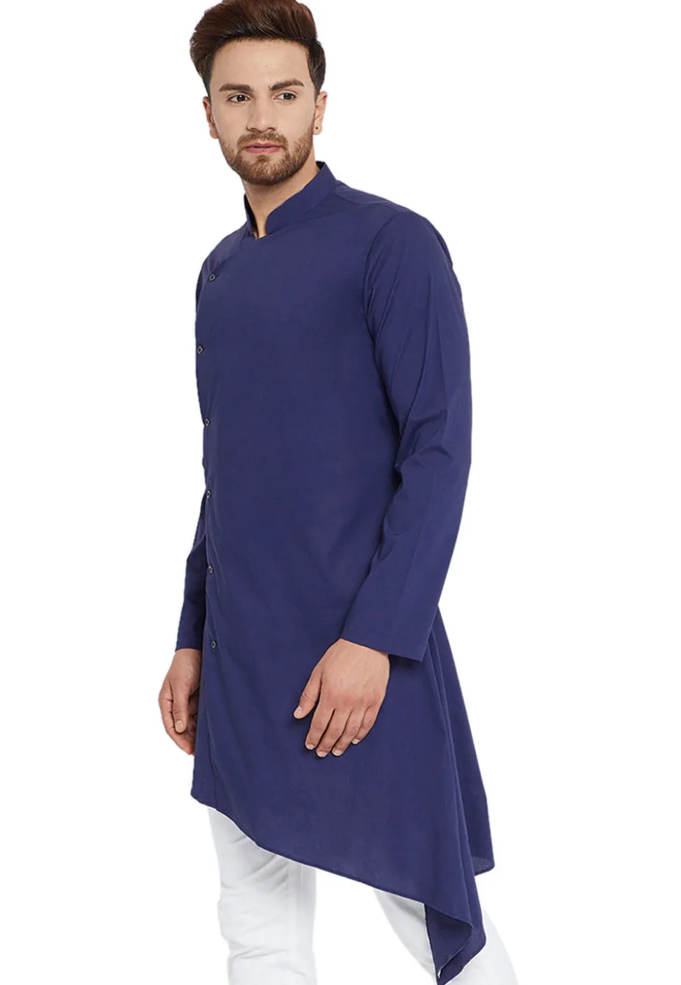 Solid Color Cotton Asymmetric Kurta Set in Dark Blue