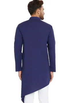 Solid Color Cotton Asymmetric Kurta Set in Dark Blue