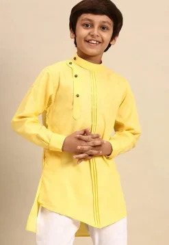 Solid Color Cotton Asymmetric Short Kurta in Yellow