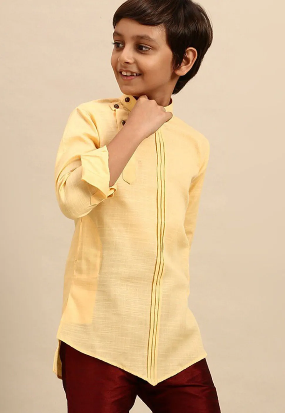 Solid Color Cotton Asymmetric Short Kurta in Light Yellow