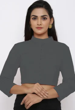 Solid Color Cotton Blouse in Dark Grey
