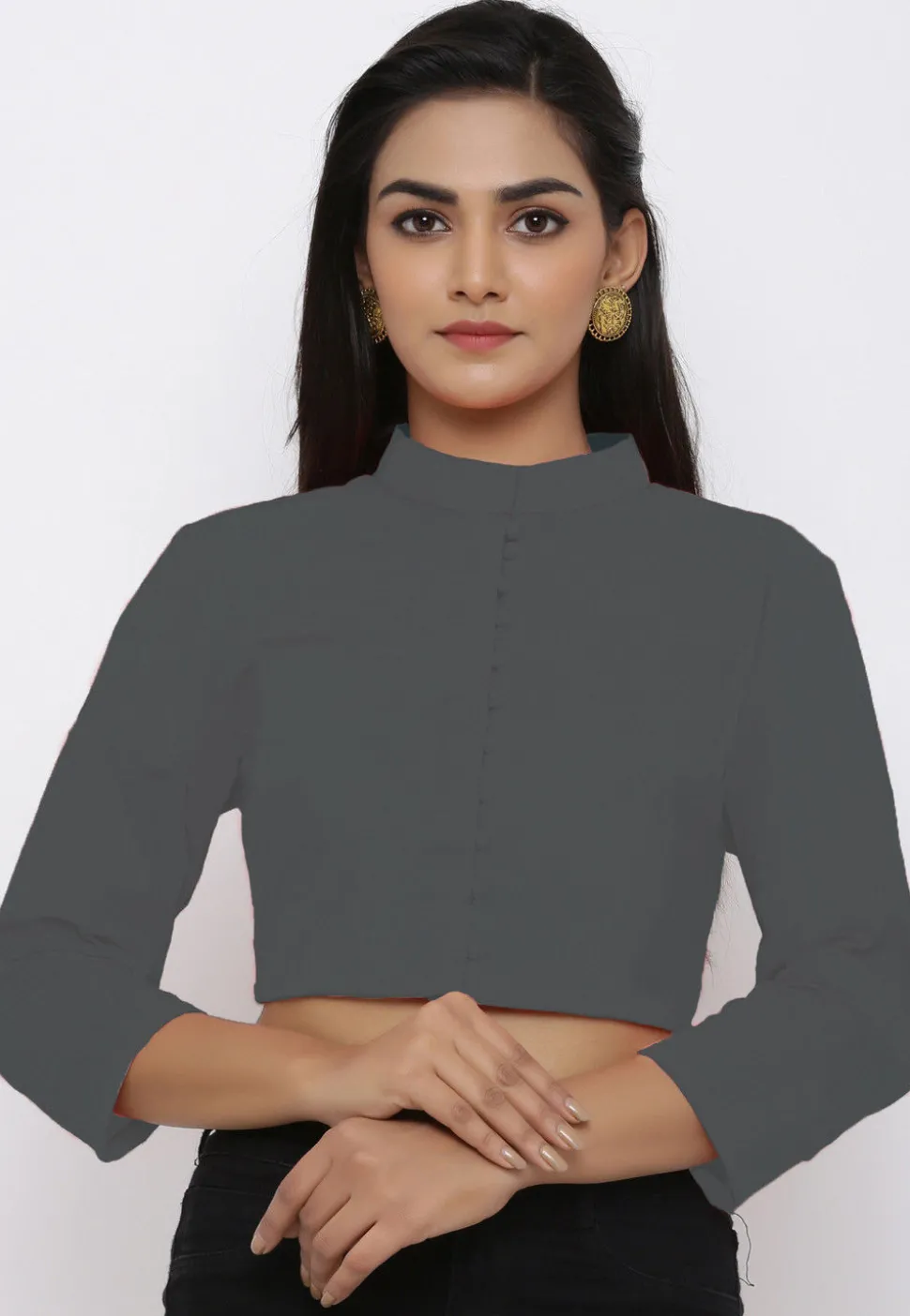 Solid Color Cotton Blouse in Dark Grey