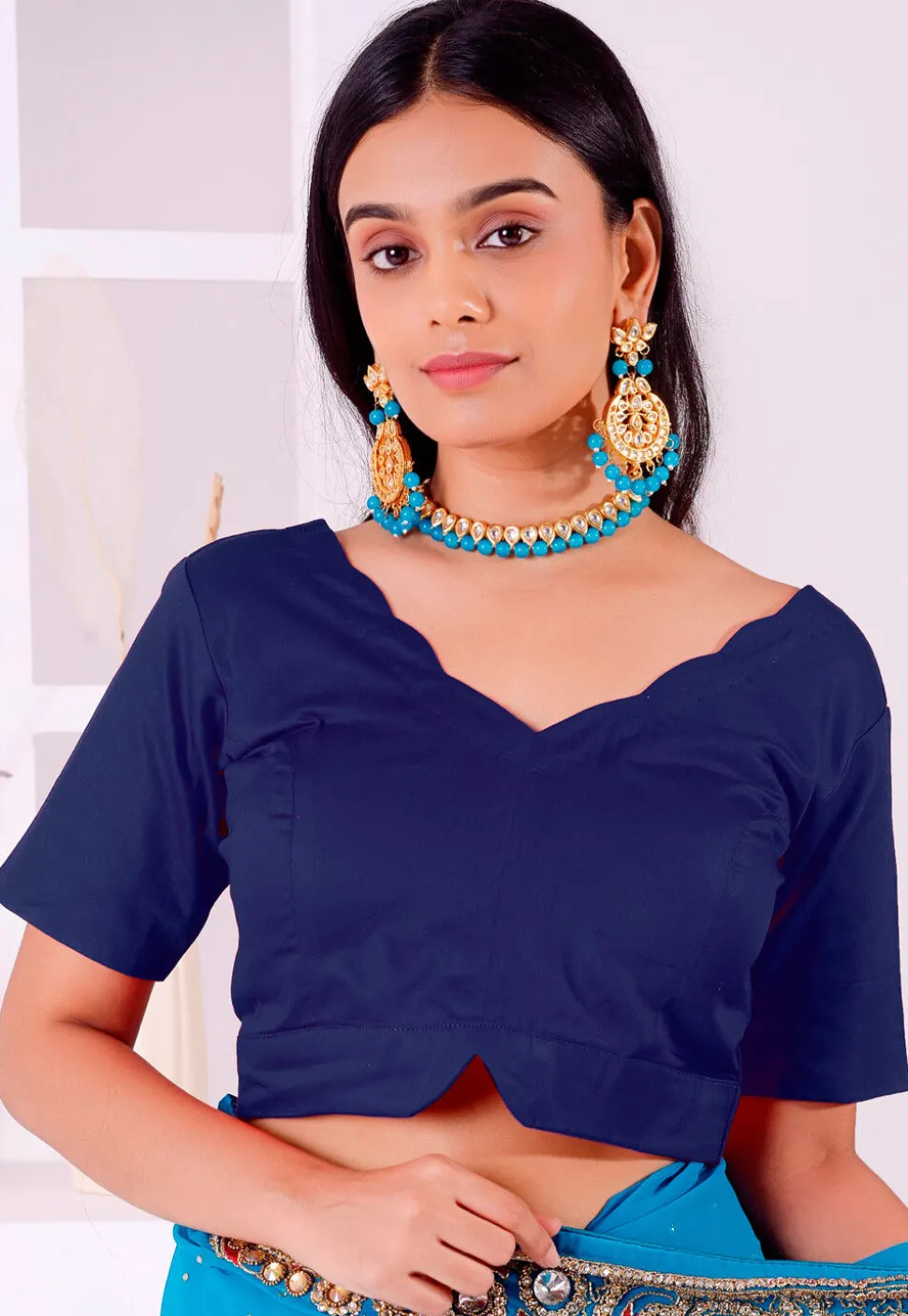 Solid Color Cotton Blouse in Navy Blue