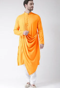 Solid Color Cotton Cowl Style Kurta Set in Yellow