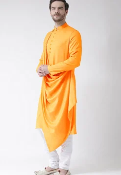 Solid Color Cotton Cowl Style Kurta Set in Yellow