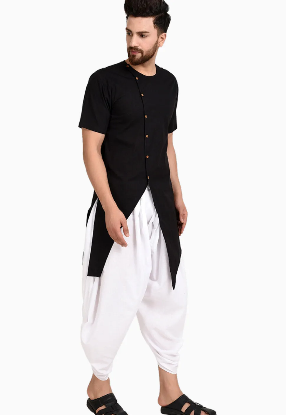 Solid Color Cotton Dhoti Kurta in Black