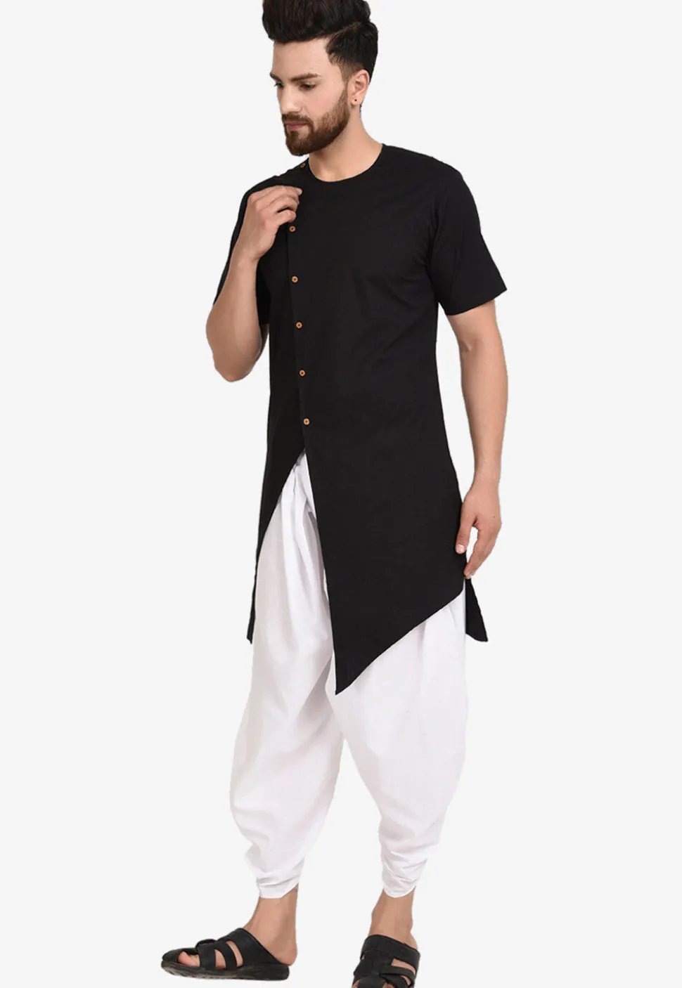 Solid Color Cotton Dhoti Kurta in Black