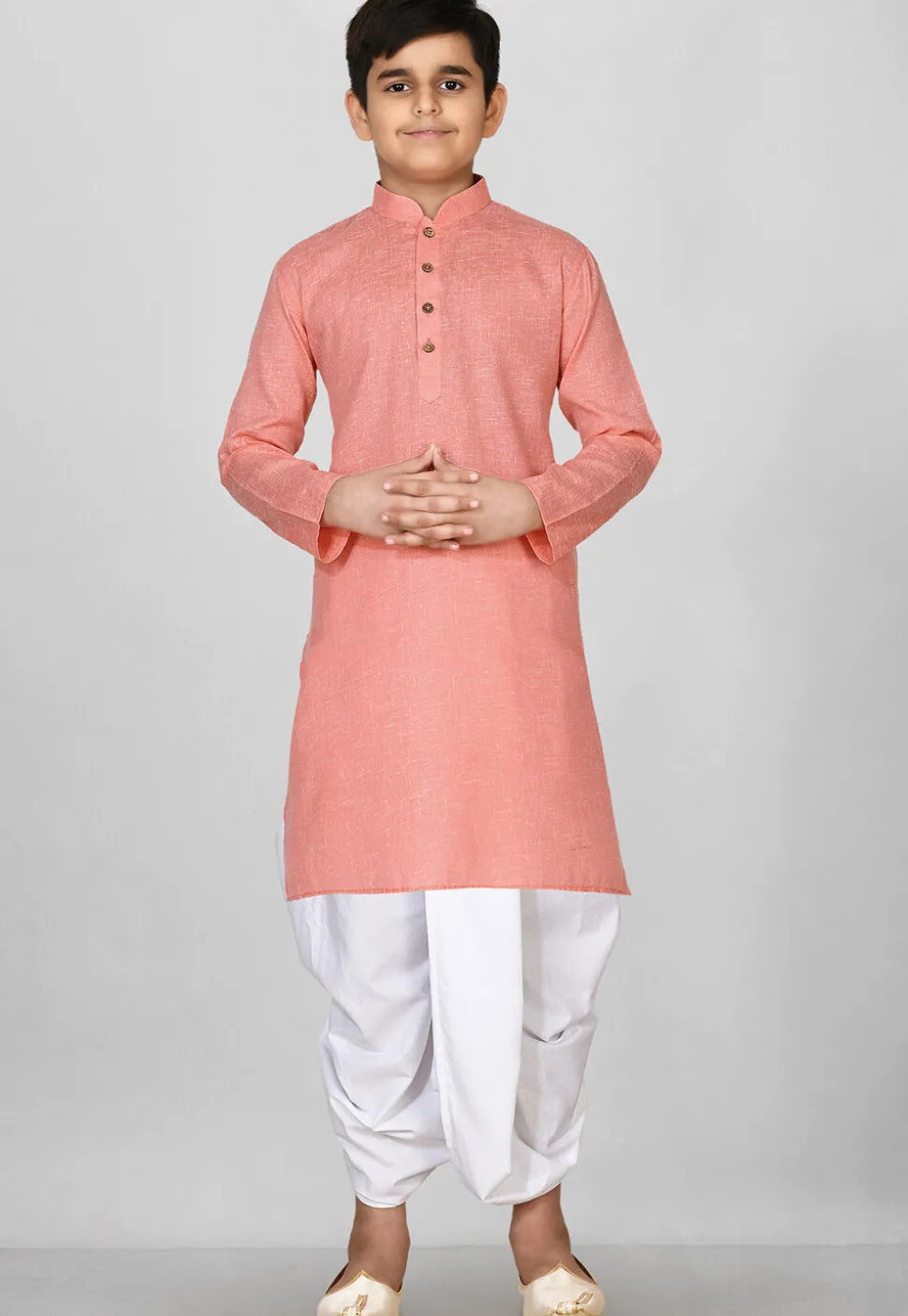 Solid Color Cotton Dhoti Kurta in Peach