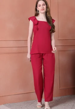 Solid Color Cotton Flex Co Ord Set in Maroon