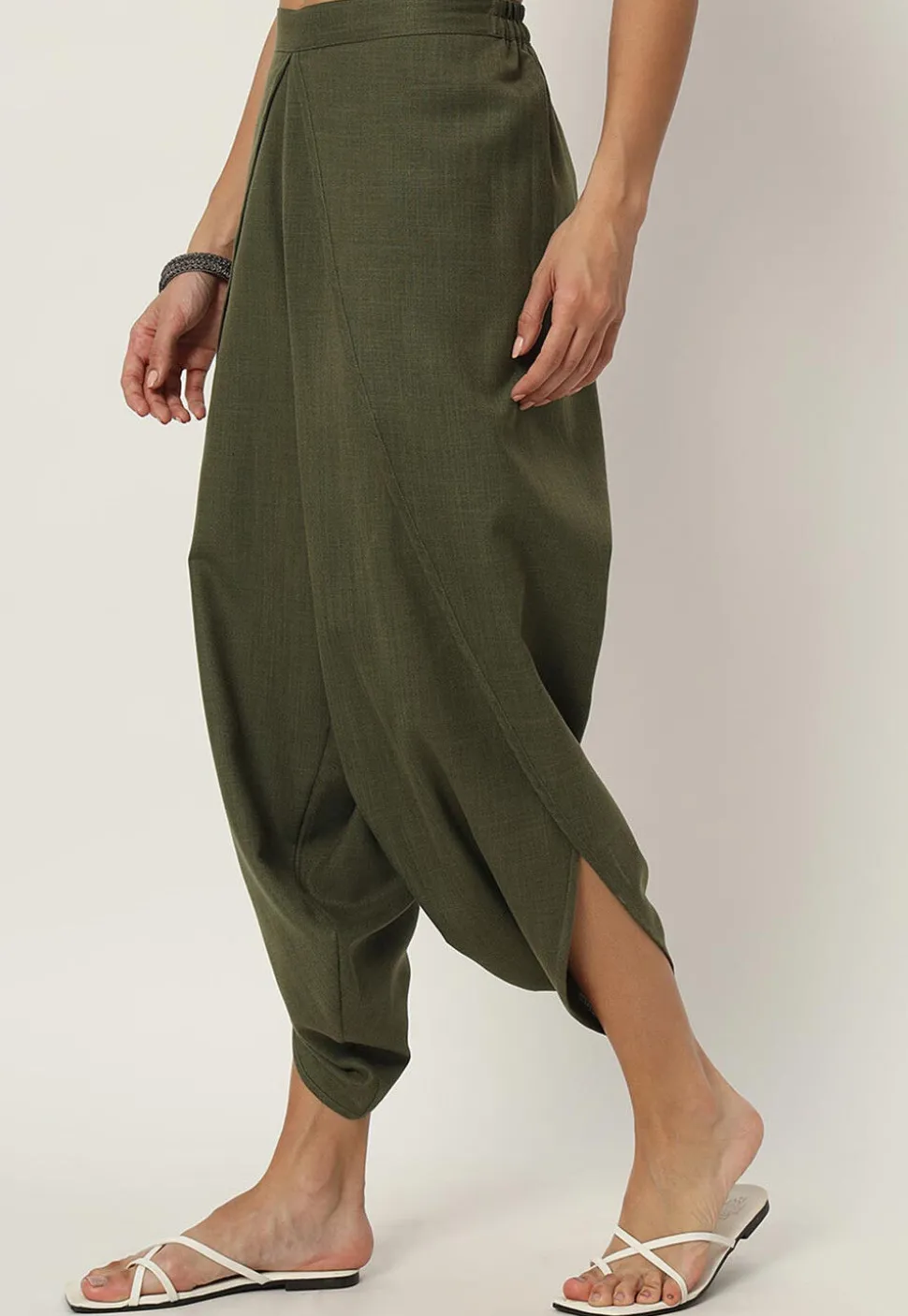 Solid Color Cotton Flex Dhoti Pant in Olive Green