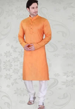 Solid Color Cotton Kurta Set in Orange