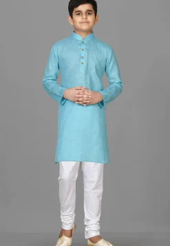 Solid Color Cotton Kurta Set in Sky Blue