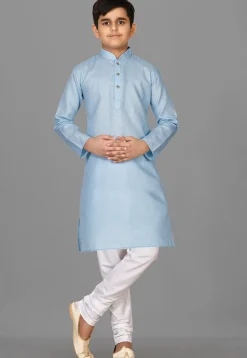 Solid Color Cotton Kurta Set in Light Blue