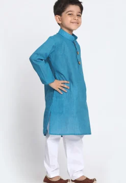 Solid Color Cotton Kurta Set in Blue