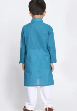 Solid Color Cotton Kurta Set in Blue