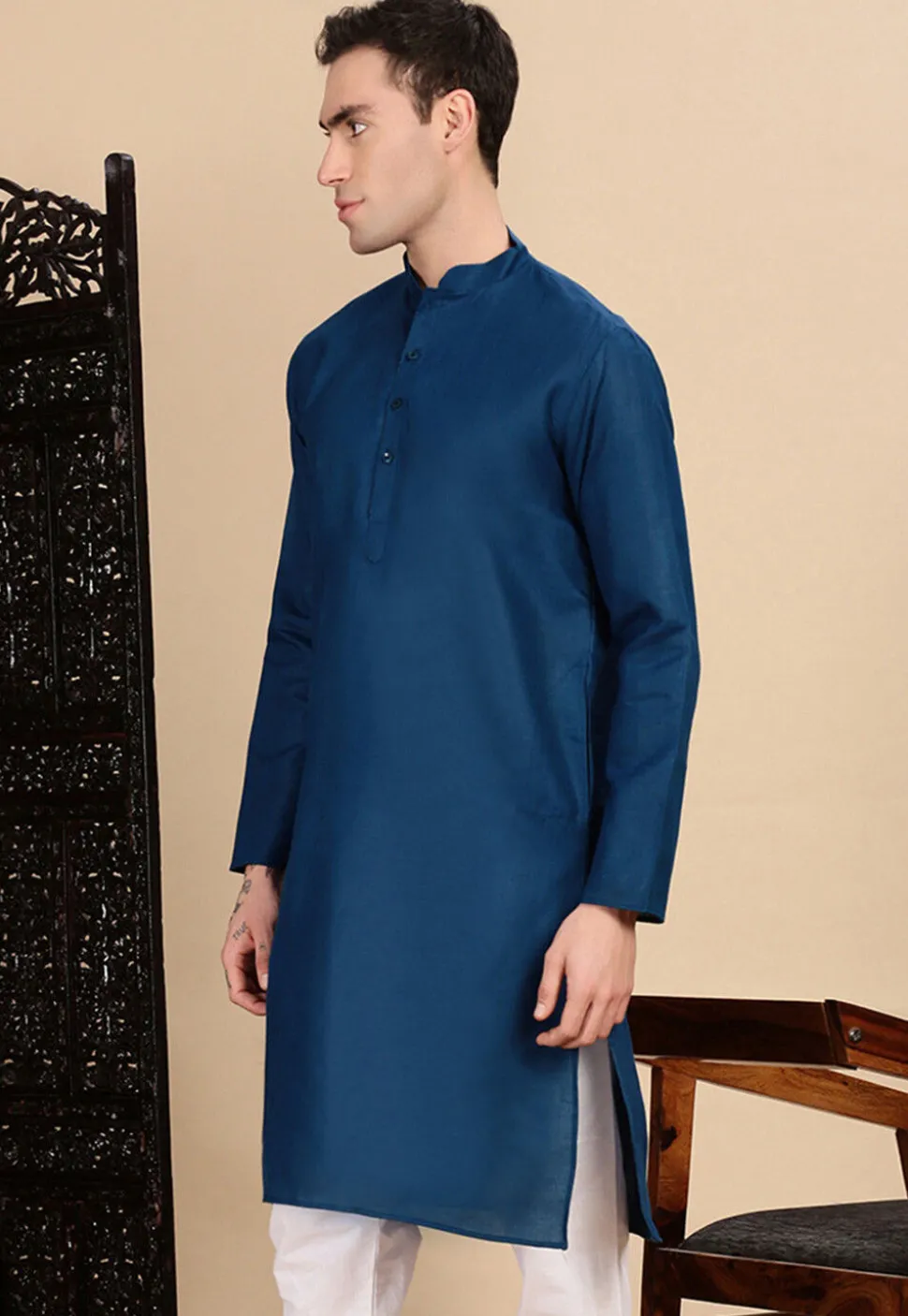 Solid Color Cotton Kurta in Blue