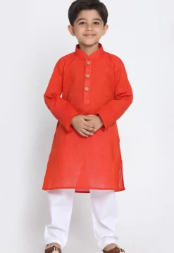 Solid Color Cotton Kurta Set in Rust