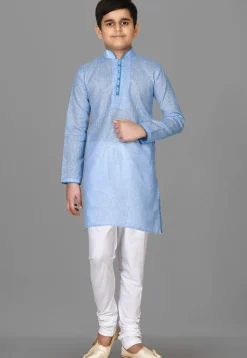 Solid Color Cotton Kurta Set in Light Blue