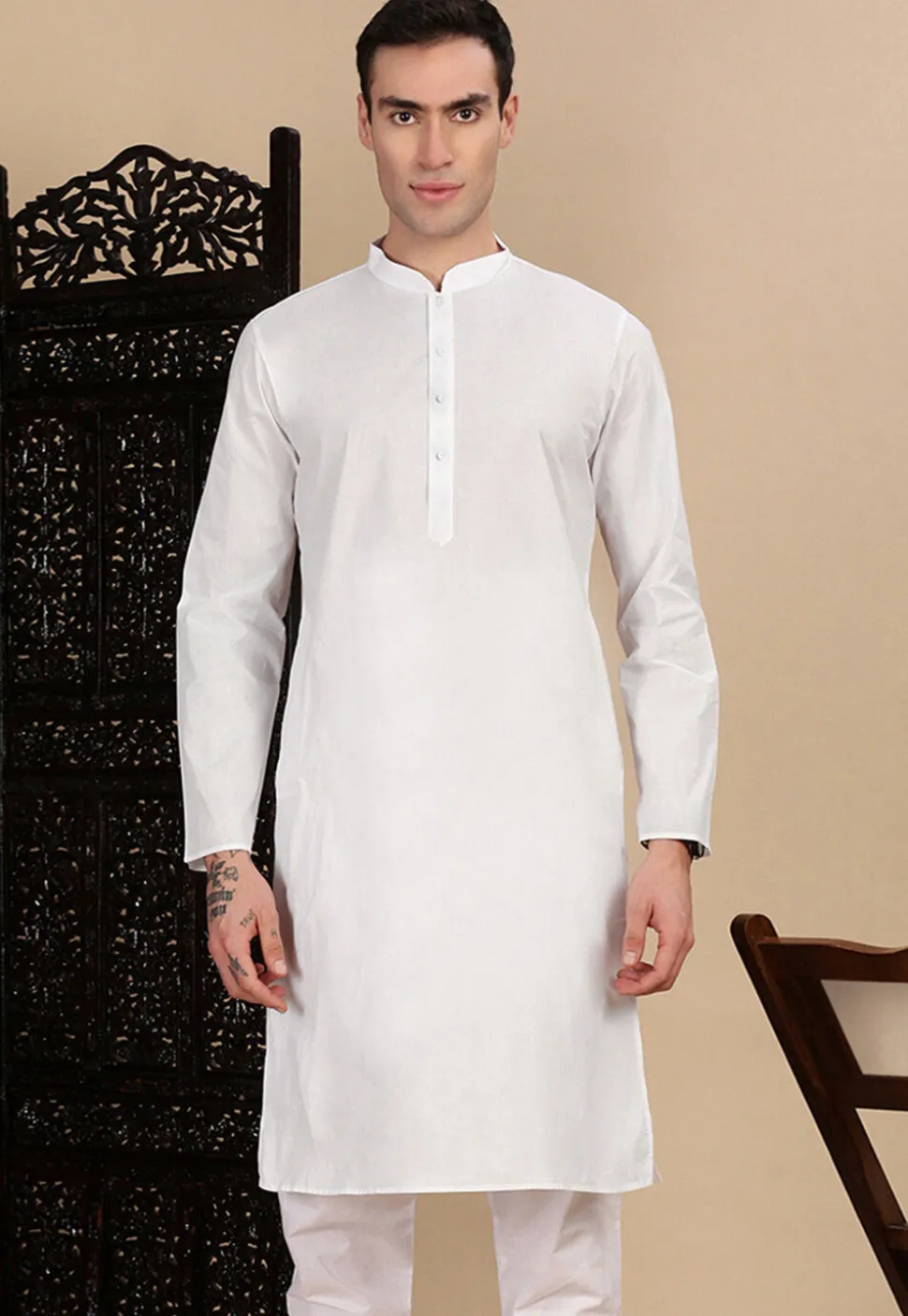 Solid Color Cotton Kurta in White