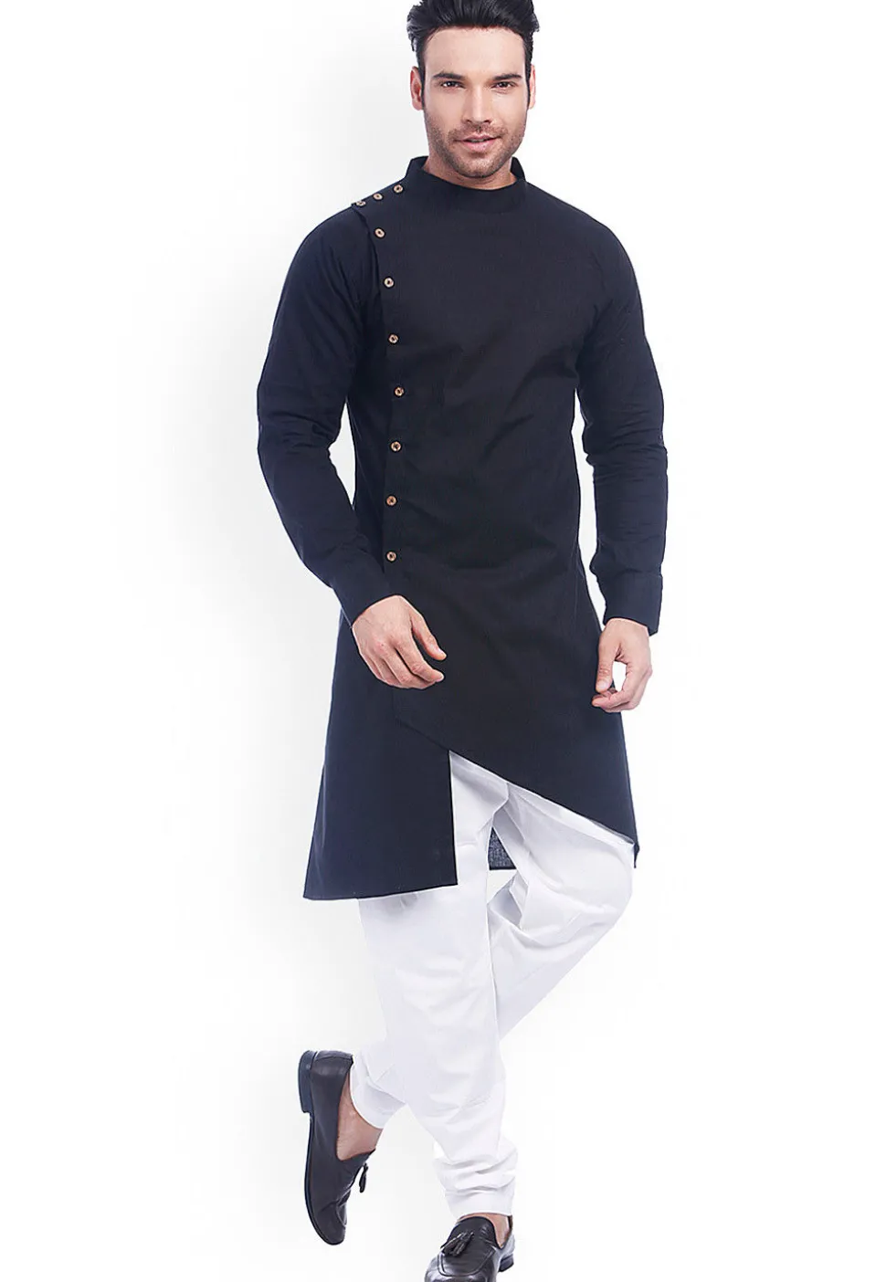 Solid Color Cotton Kurta Set in Black