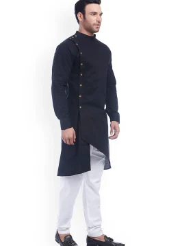 Solid Color Cotton Kurta Set in Black