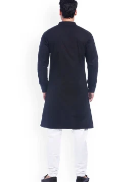 Solid Color Cotton Kurta Set in Black