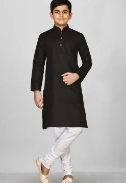 Solid Color Cotton Kurta Set in Black