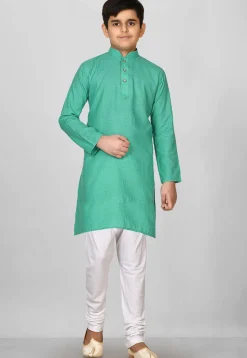 Solid Color Cotton Kurta Set in Light Teal Green