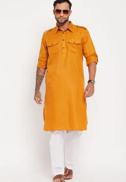 Solid Color Cotton Kurta Set in Mustard