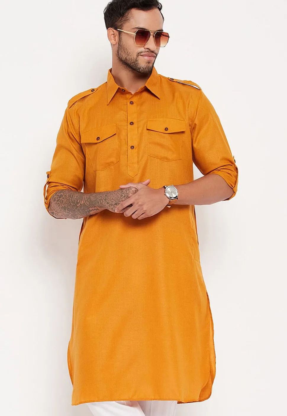 Solid Color Cotton Kurta Set in Mustard