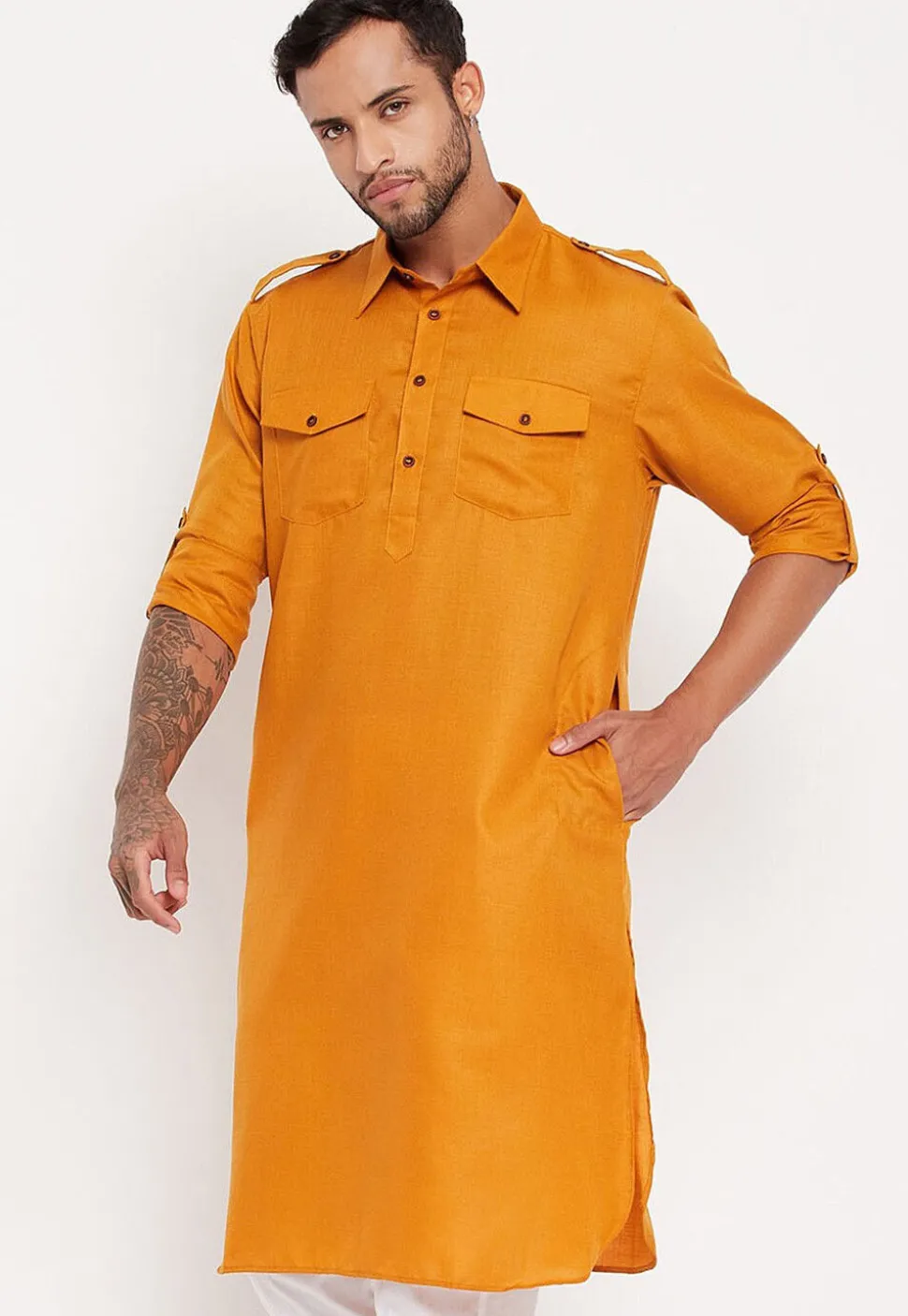 Solid Color Cotton Kurta Set in Mustard