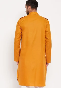 Solid Color Cotton Kurta Set in Mustard