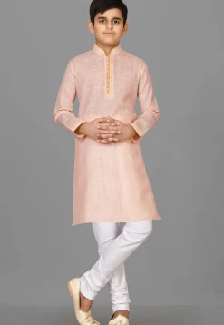 Solid Color Cotton Kurta Set in Peach