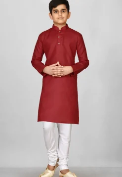 Solid Color Cotton Kurta Set in Red