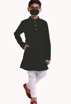 Solid Color Cotton Kurta Set in Black