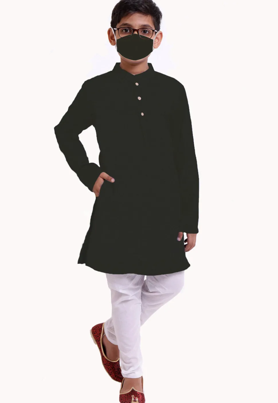 Solid Color Cotton Kurta Set in Black