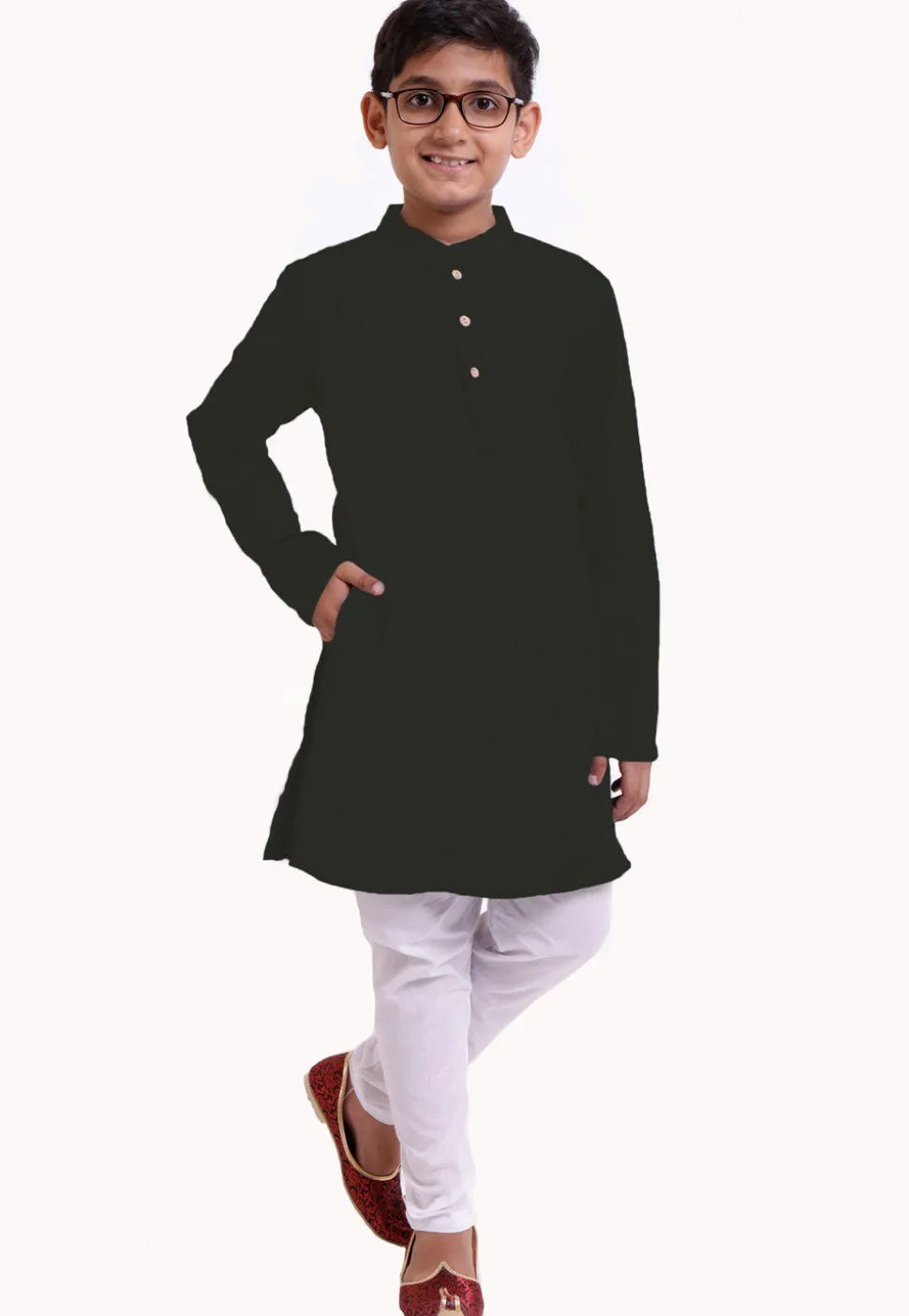 Solid Color Cotton Kurta Set in Black