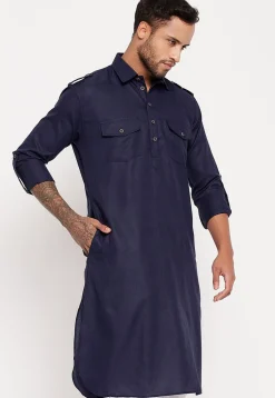 Solid Color Cotton Kurta Set in Navy Blue