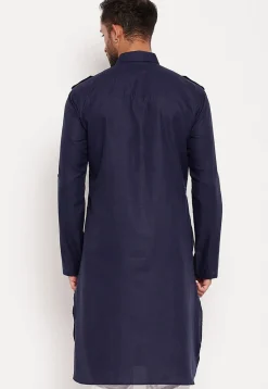Solid Color Cotton Kurta Set in Navy Blue