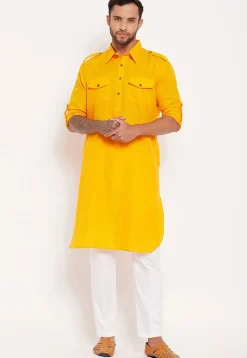 Solid Color Cotton Kurta Set in Yellow