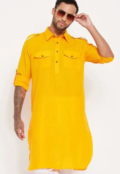 Solid Color Cotton Kurta Set in Yellow