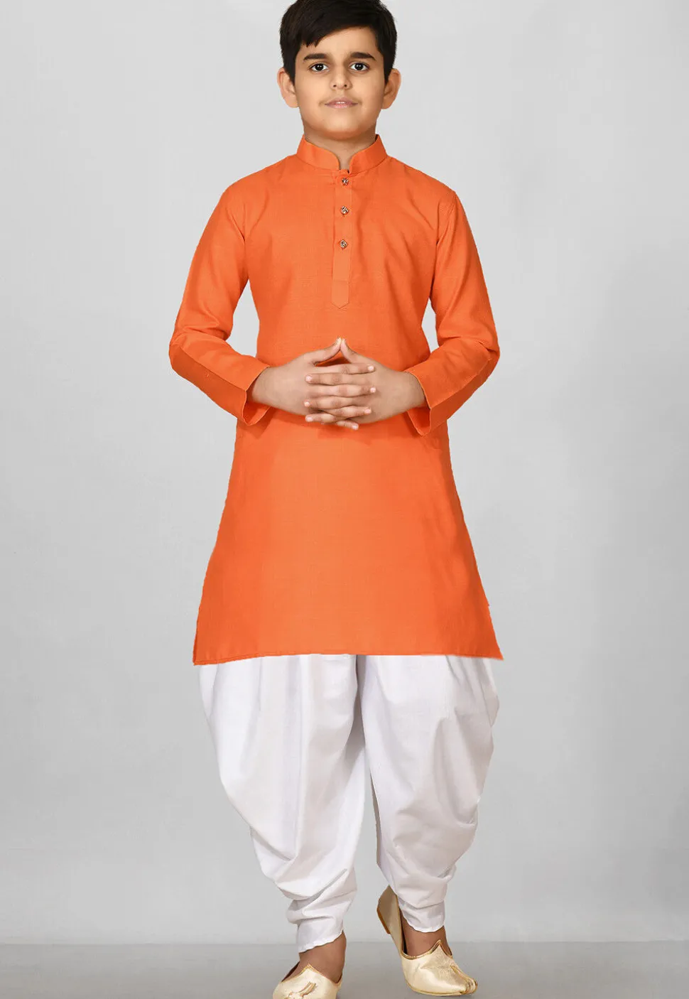 Solid Color Cotton Kurta Set in Orange