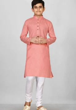 Solid Color Cotton Kurta Set in Peach