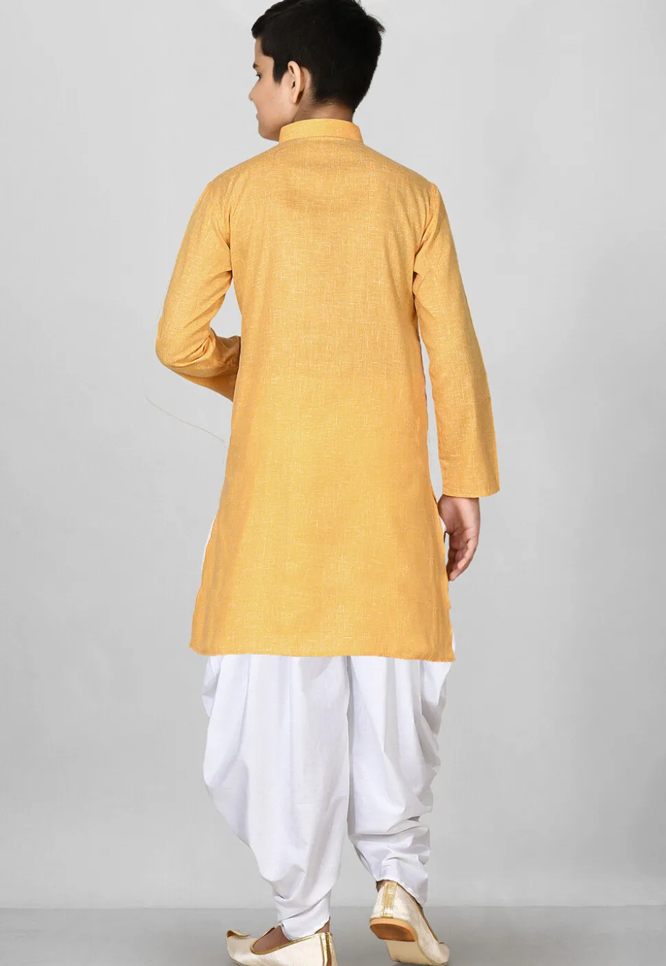 Solid Color Cotton Kurta Set in Mustard